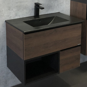 Тумба с раковиной Comforty Франкфурт 75, дуб шоколадно-коричневый, черная раковина Тумба с раковиной Comforty Франкфурт 75, дуб шоколадно-коричневый, черная раковина